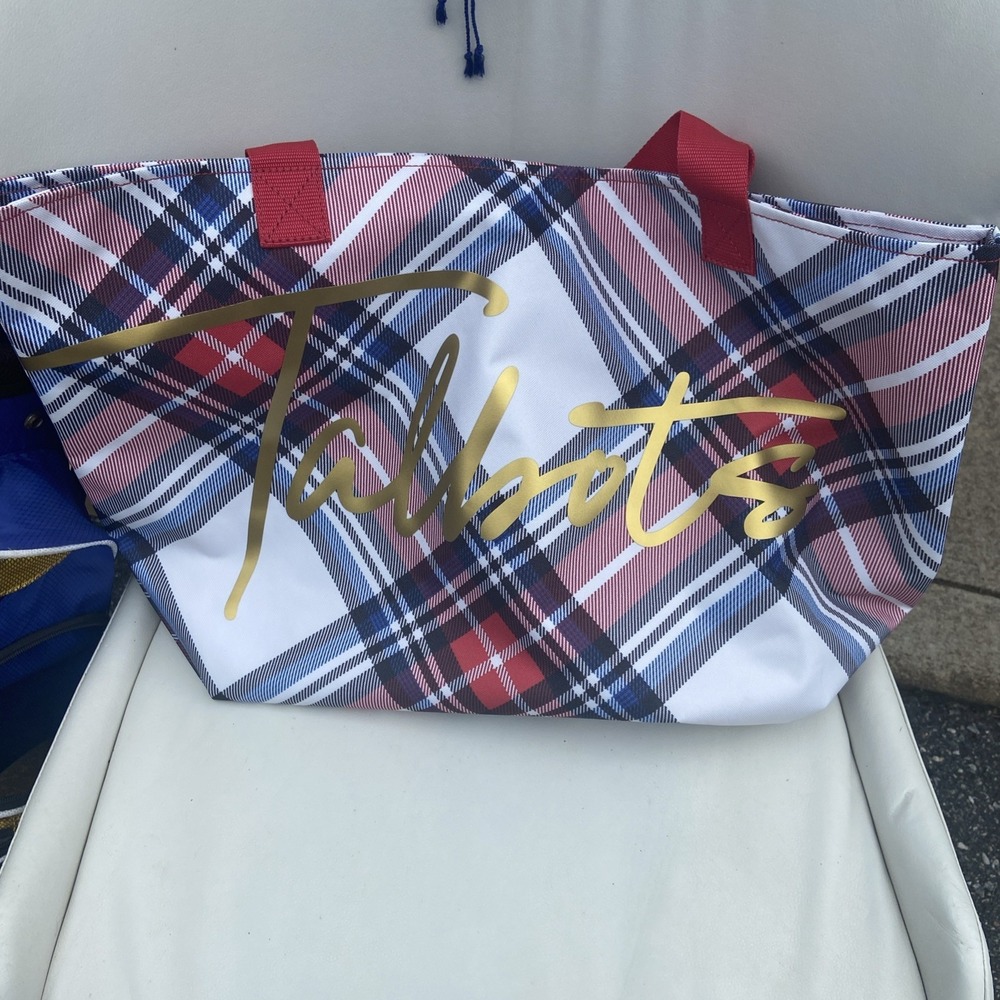 Talbots Tote Bag Large Red Tartan Plaid Gold Logo Purse Shopping Overnight NEW